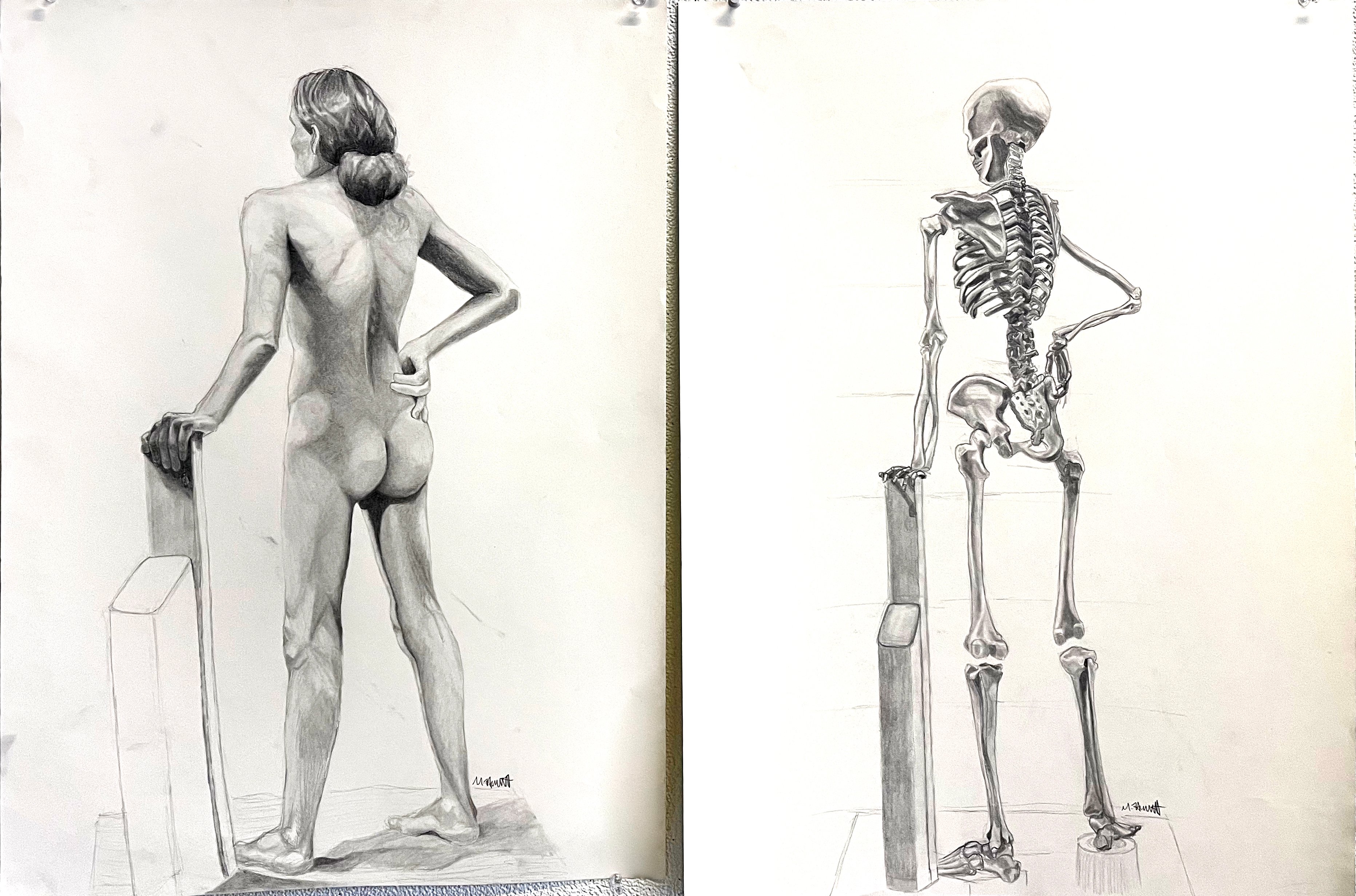 Figure of man from behind, alongside skeleton from behind